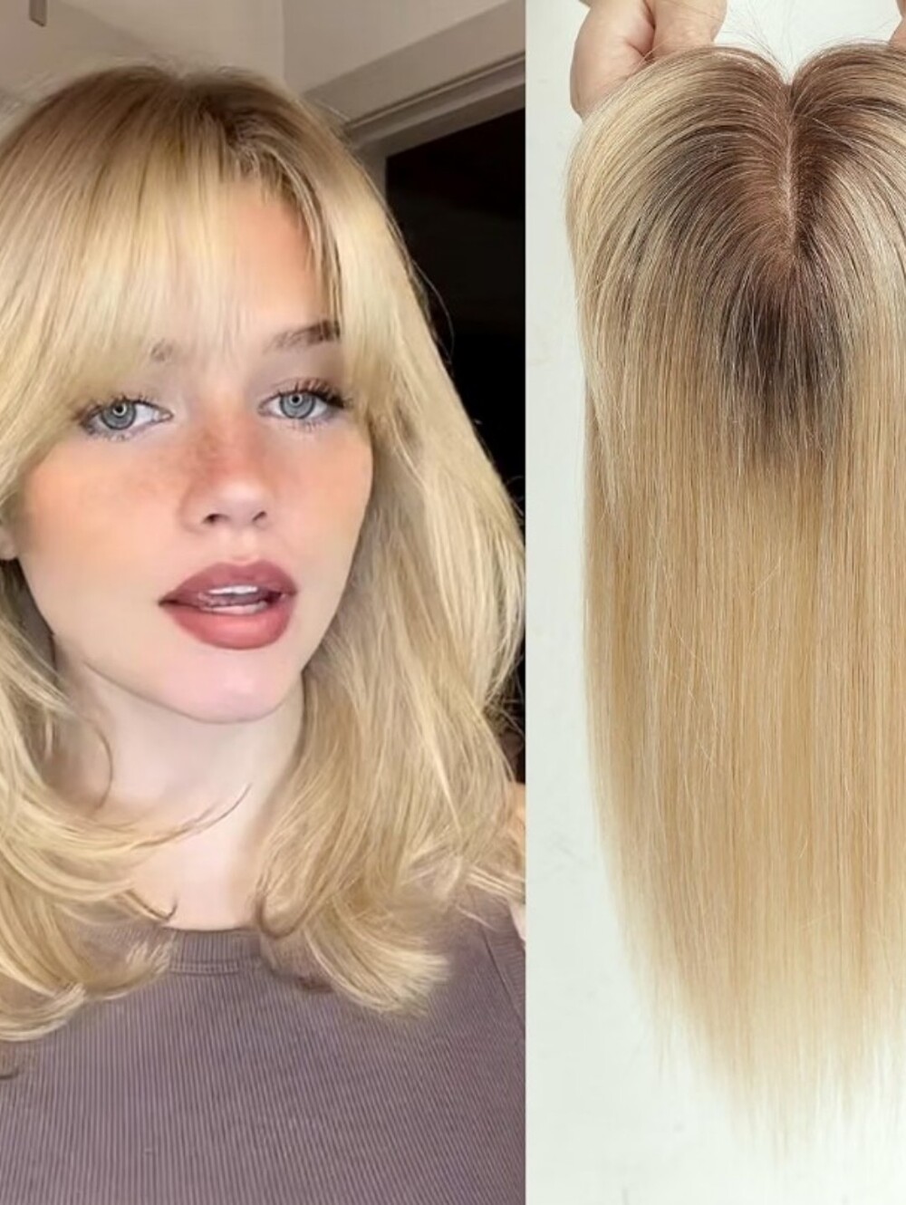 Human Hair Topper 4"x5.5" Hand Woven Base 3 Clips 14" Ombre Light Blonde 150 Den
